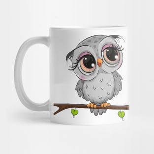 Cute grey owl sitting on a branch Mug